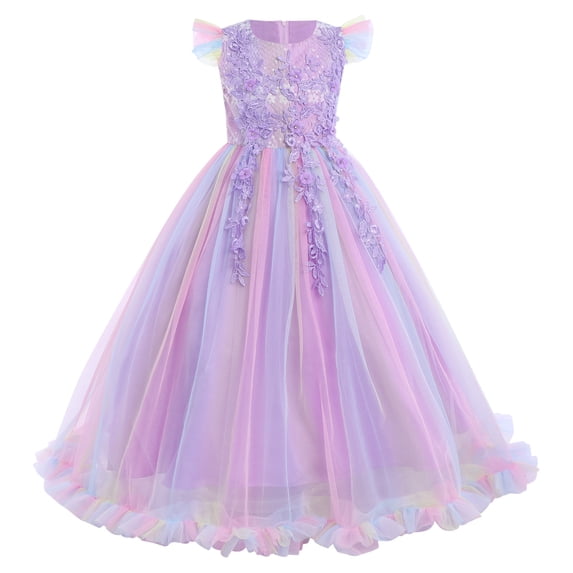 IBTOM CASTLE Flower Little Big Girls Maxi Dress Bridesmaid Wedding Pageant Party Princess Communion Floral Boho Vintage Lace Dance Gown 9-10 Years Rainbow Purple