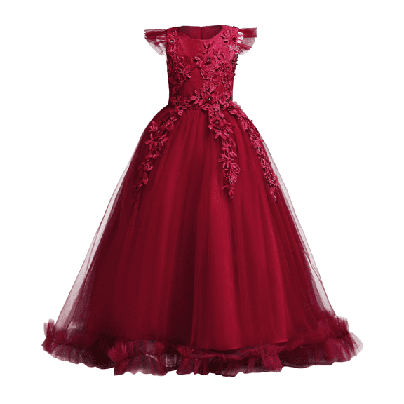 IBTOM CASTLE Flower Little Big Girls Maxi Dress Bridesmaid Wedding Pageant Party Princess Communion Floral Boho Vintage Lace Dance Gown 9-10 Years Wine Red