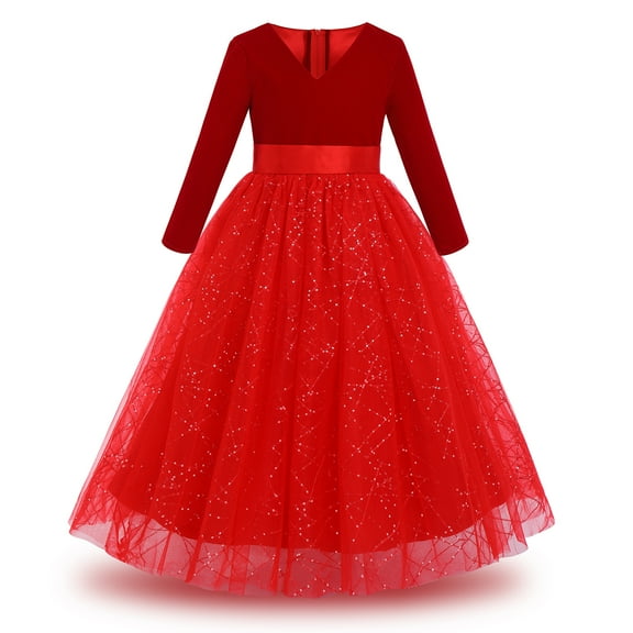 IBTOM CASTLE Flower Little Girl Tulle V-Neck Velvet Shiny Sequins Bridesmaid Dress for Kids Wedding Dance Party Pageant Communion Princess Gowns 5-6 Years Red