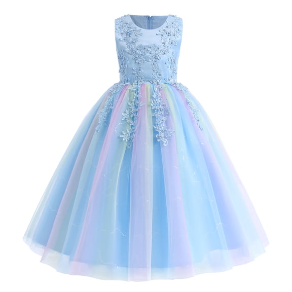 IBTOM CASTLE Flowers Girls Tulle Lace Dress for Kids Wedding Bridesmaid Pageant Birthday Party Communion Formal Princess Prom Maxi Gown 11-12 Years Rainbow Blue