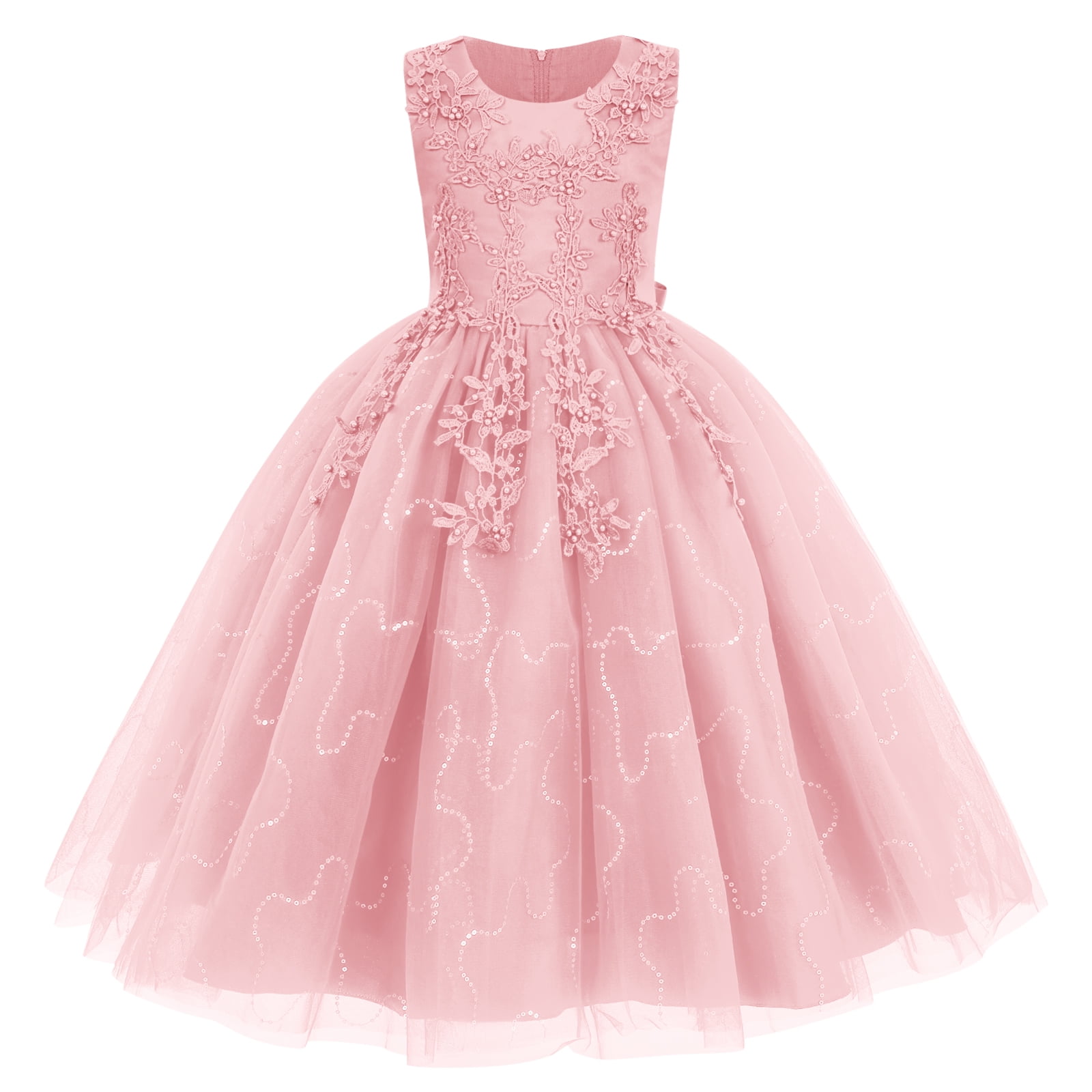 IBTOM CASTLE Flower Girls Lace Half Sleeve Tulle Dress - Wedding, Communion, Party Pink Dress For 6-7 Year Olds