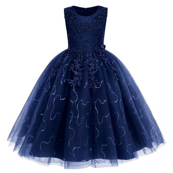 IBTOM CASTLE Flowers Girls Tulle Lace Dress for Kids Wedding Bridesmaid Pageant Birthday Party Communion Formal Princess Prom Maxi Gown 6-7 Years Dark Blue