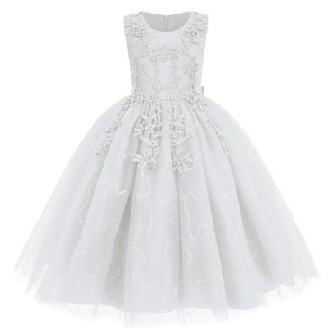 IBTOM CASTLE Flowers Girls Tulle Lace Dress for Kids Wedding Bridesmaid Pageant Birthday Party Communion Formal Princess Prom Maxi Gown 6-7 Years White