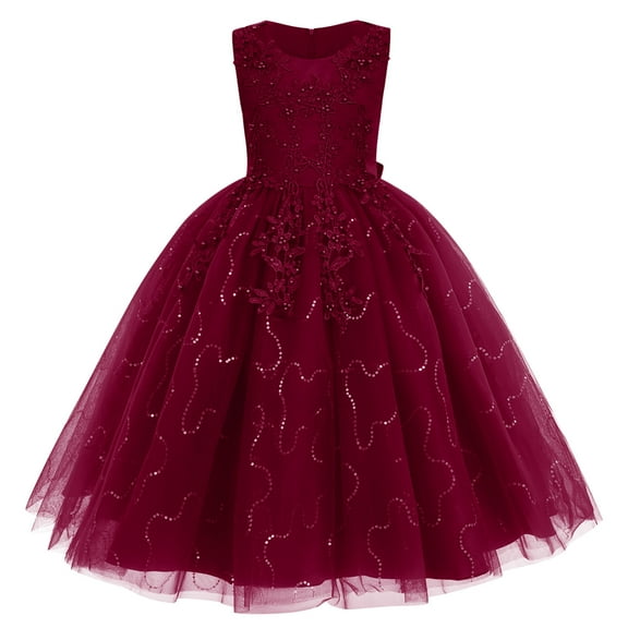 IBTOM CASTLE Flowers Girls Tulle Lace Dress for Kids Wedding Bridesmaid Pageant Birthday Party Communion Formal Princess Prom Maxi Gown 6-7 Years Wine Red