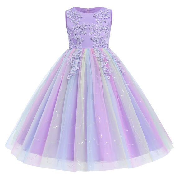 IBTOM CASTLE Flowers Girls Tulle Lace Dress for Kids Wedding Bridesmaid Pageant Birthday Party Communion Formal Princess Prom Maxi Gown 7-8 Years Rainbow Purple