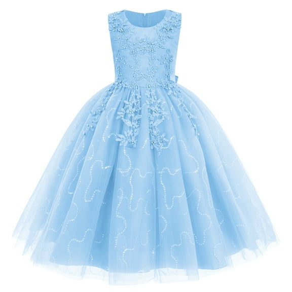 IBTOM CASTLE Flowers Girls Tulle Lace Dress for Kids Wedding Bridesmaid Pageant Birthday Party Communion Formal Princess Prom Maxi Gown 9-10 Years Light Blue