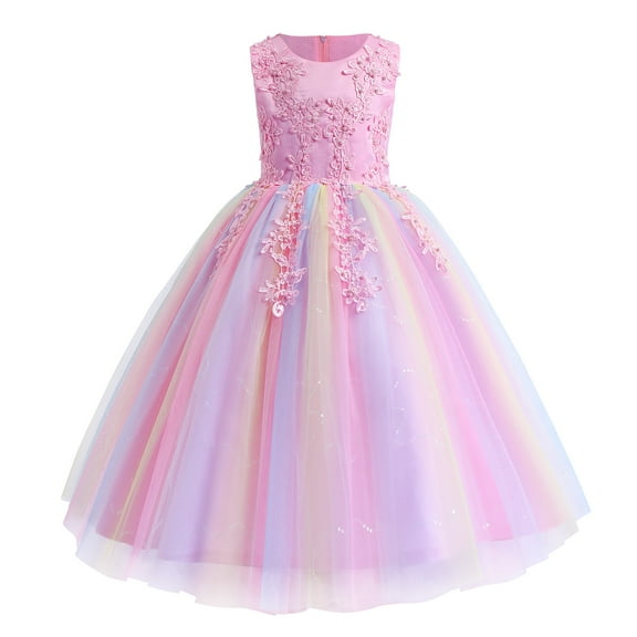 IBTOM CASTLE Flowers Girls Tulle Lace Dress for Kids Wedding Bridesmaid Pageant Birthday Party Communion Formal Princess Prom Maxi Gown 9-10 Years Rainbow Pink