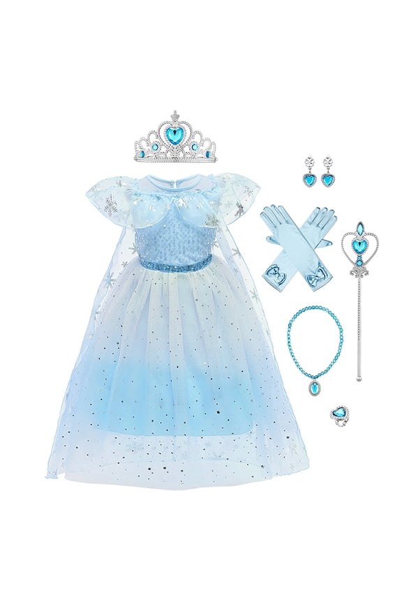 Girl Princess Ice Queen Elsa Fancy Dress Up Carnival Cosplay Costume Sequin Snowflake Colorful Tulle Tutu Halloween Christmas Birthday Party Outfit 6-7 Years Gradient Blue
