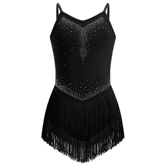 IBTOM CASTLE Girl Rhinestone Sparkly Fringe Bodysuit Tassel Kids Latin Jazz Dance Outfits Crisscross Back Gymnastics Dance Leotard 8-9 Years Black