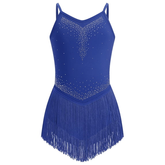 IBTOM CASTLE Girl Rhinestone Sparkly Fringe Bodysuit Tassel Kids Latin Jazz Dance Outfits Crisscross Back Gymnastics Dance Leotard 宝蓝色