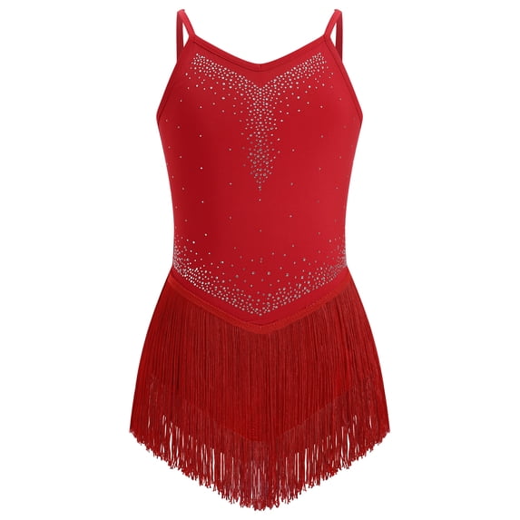 IBTOM CASTLE Girl Rhinestone Sparkly Fringe Bodysuit Tassel Kids Latin Jazz Dance Outfits Crisscross Back Gymnastics Dance Leotard 红色