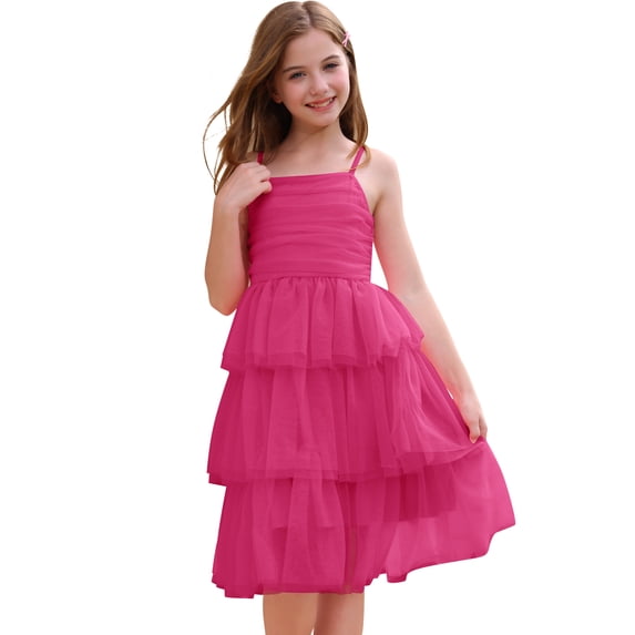 IBTOM CASTLE Girl Sleeveless Ruffle Formal Wedding Tiered Tulle Dress Teen Pageant Birthday Homecoming Prom Outfits Junior Graduation Dress 15-16 Years Hot Pink