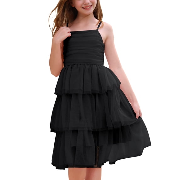 IBTOM CASTLE Girl Sleeveless Ruffle Formal Wedding Tiered Tulle Dress Teen Pageant Birthday Homecoming Prom Outfits Junior Graduation Dress 9-10 Years Black