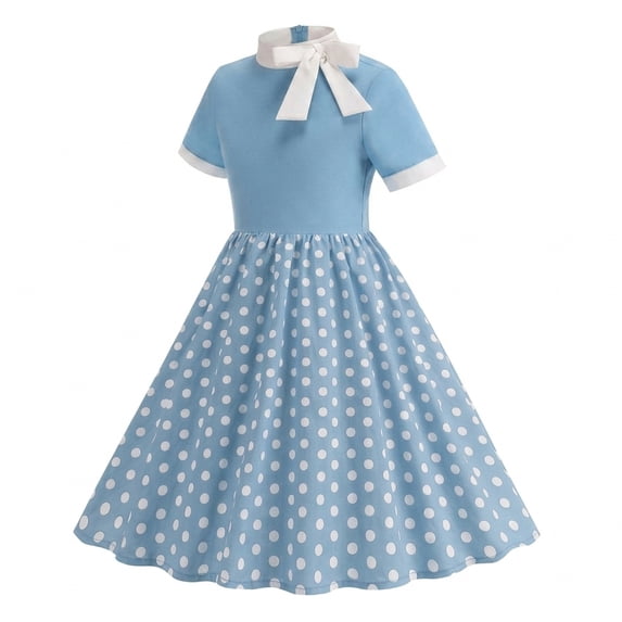 IBTOM CASTLE Girls 1950s Vintage Polka Dot Strawberry Swing Dress with Pockets Kids Girls Dress 1950s Retro Dress Short Sleeve Ruffle Tea Party Dress 8-9 Years Blue