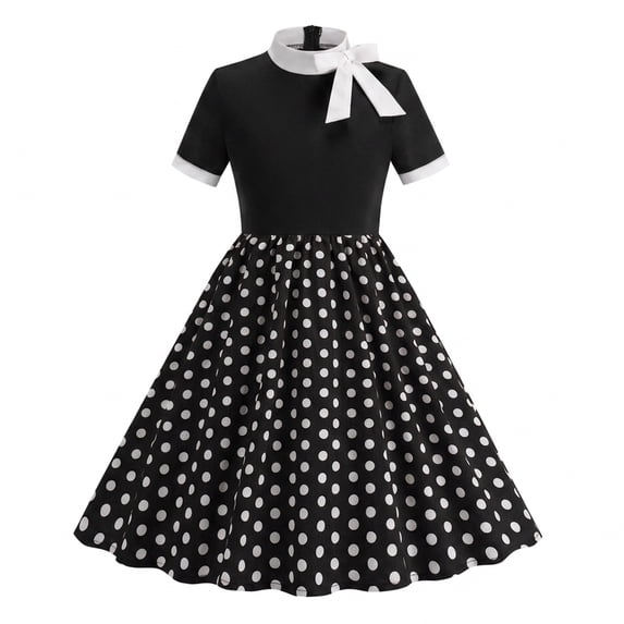 IBTOM CASTLE Girls 1950s Vintage Polka Dot Strawberry Swing Dress with Pockets Kids Girls Dress 1950s Retro Dress Short Sleeve Ruffle Tea Party Dress Black