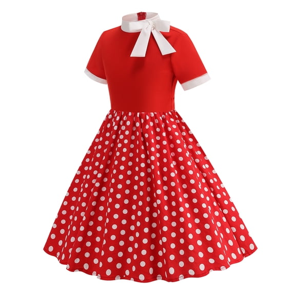 IBTOM CASTLE Girls 1950s Vintage Polka Dot Strawberry Swing Dress with Pockets Kids Girls Dress 1950s Retro Dress Short Sleeve Ruffle Tea Party Dress Red