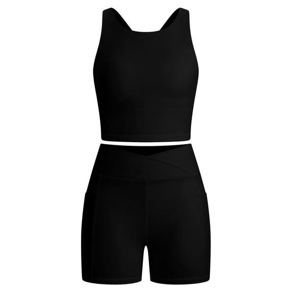 IBTOM CASTLE Girls 2 Piece Tennis Outfit Tank Top Shorts Set Backless Crop Tank Top Crossover Tummy Control Shorts Yoga Workout Activewear with Side Pockets 黑色