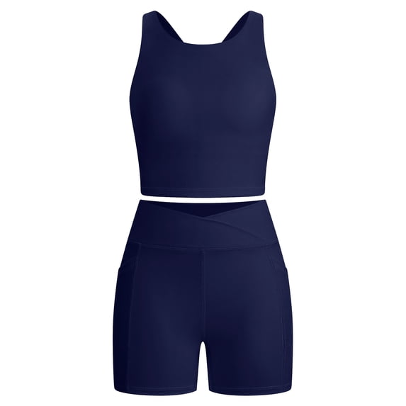 IBTOM CASTLE Girls 2 Piece Tennis Outfit Tank Top Shorts Set Backless Crop Tank Top Crossover Tummy Control Shorts Yoga Workout Activewear with Side Pockets 藏蓝色