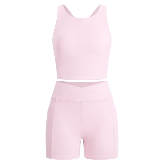 IBTOM CASTLE Girls 2 Piece Tennis Outfit Tank Top Shorts Set Backless Crop Tank Top Crossover Tummy Control Shorts Yoga Workout Activewear with Side Pockets 9-10 Years 浅粉色