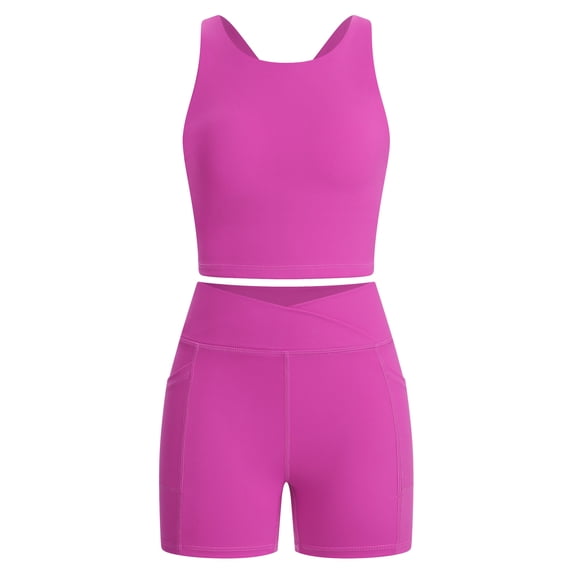 IBTOM CASTLE Girls 2 Piece Tennis Outfit Tank Top Shorts Set Backless Crop Tank Top Crossover Tummy Control Shorts Yoga Workout Activewear with Side Pockets 玫粉色