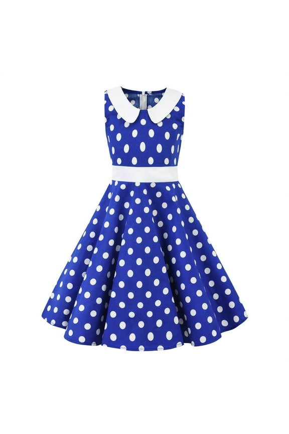 Girls 50s Vintage Polka Dot Flower Swing Cape Collar Rockabilly Prom Party Dress Audrey Wedding Formal Cocktail Evening Gown 11-12 Years Blue