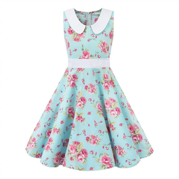 IBTOM CASTLE Girls 50s Vintage Polka Dot Flower Swing Cape Collar Rockabilly Prom Party Dress Audrey Wedding Formal Cocktail Evening Gown 11-12 Years Blue Flower