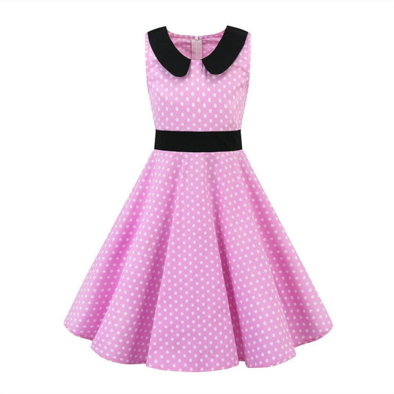 IBTOM CASTLE Girls 50s Vintage Polka Dot Flower Swing Cape Collar Rockabilly Prom Party Dress Audrey Wedding Formal Cocktail Evening Gown 7-8 Years Pink