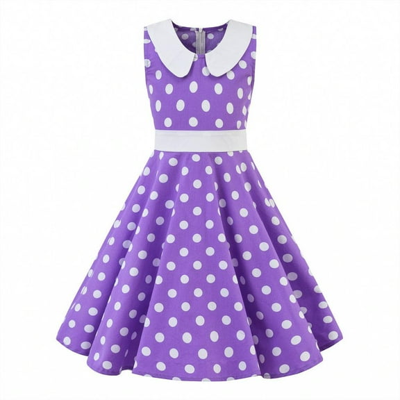 IBTOM CASTLE Girls 50s Vintage Polka Dot Flower Swing Cape Collar Rockabilly Prom Party Dress Audrey Wedding Formal Cocktail Evening Gown 7-8 Years Purple