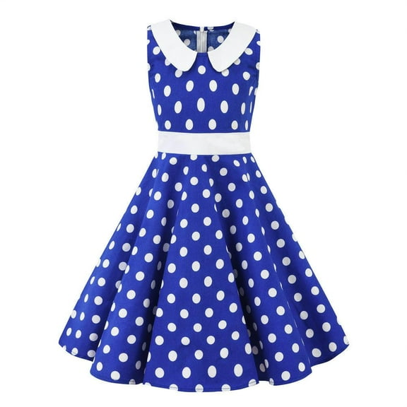 IBTOM CASTLE Girls 50s Vintage Polka Dot Flower Swing Cape Collar Rockabilly Prom Party Dress Audrey Wedding Formal Cocktail Evening Gown 9-10 Years Blue