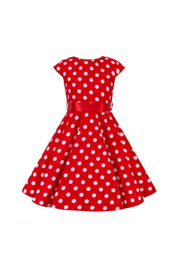 Girls 50s Vintage Polka Dot Flower Swing Rockabilly Prom Party Tea Dress Kids Audrey Wedding Formal Cocktail Evening Gown 11-12 Years Cap-Red