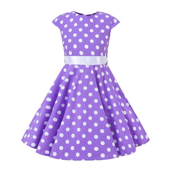 IBTOM CASTLE Girls 50s Vintage Polka Dot Flower Swing Rockabilly Prom Party Tea Dress Kids Audrey Wedding Formal Cocktail Evening Gown 11-12 Years Cap-Purple