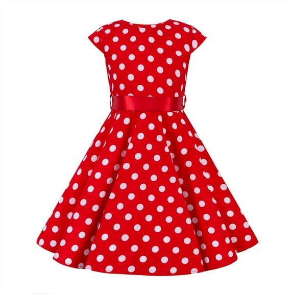 IBTOM CASTLE Girls 50s Vintage Polka Dot Flower Swing Rockabilly Prom Party Tea Dress Kids Audrey Wedding Formal Cocktail Evening Gown 9-10 Years Cap-Red