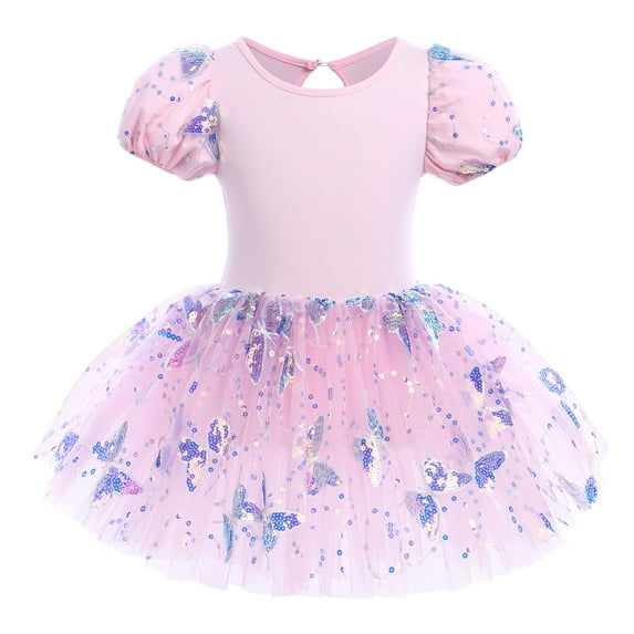 IBTOM CASTLE Girls Ballet Leotards Dance Wear Butterfly Shiny Sequins Dance Tutu Dress Puff Sleeve Keyhole Back Ballerina Costume 3-4 Years Pink
