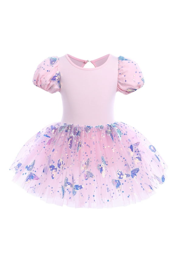 Girls Ballet Leotards Dance Wear Butterfly Shiny Sequins Dance Tutu Dress Puff Sleeve Keyhole Back Ballerina Costume 5-6 Years Pink