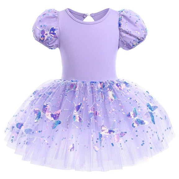 IBTOM CASTLE Girls Ballet Leotards Dance Wear Butterfly Shiny Sequins Dance Tutu Dress Puff Sleeve Keyhole Back Ballerina Costume 7-8 Years Purple