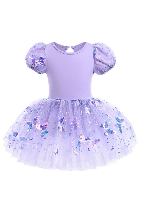 Girls Ballet Leotards Dance Wear Butterfly Shiny Sequins Dance Tutu Dress Puff Sleeve Keyhole Back Ballerina Costume 7-8 Years Purple