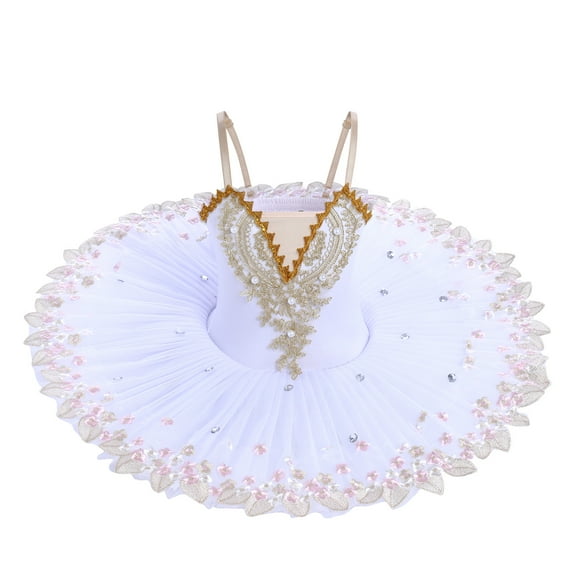 IBTOM CASTLE Girls Ballet Leotards with Platter Tutu Professional Hard Organdy Camisole Skirt Dancewear 7-8 Years White