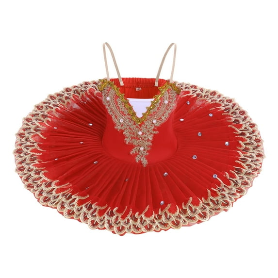 IBTOM CASTLE Girls Ballet Leotards with Platter Tutu Professional Hard Organdy Camisole Skirt Dancewear 11-12 Years Red