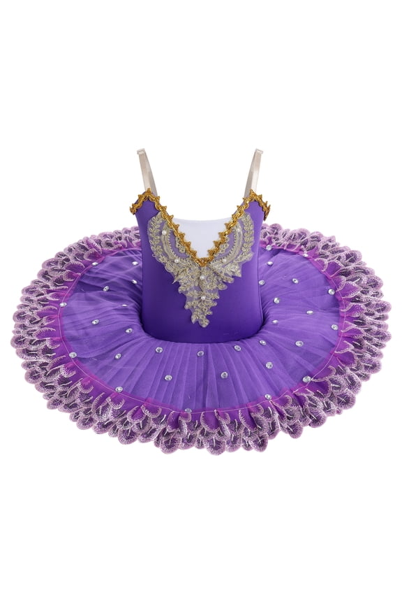 Girls Ballet Leotards with Platter Tutu Professional Hard Organdy Camisole Skirt Dancewear 13-14 Years Purple