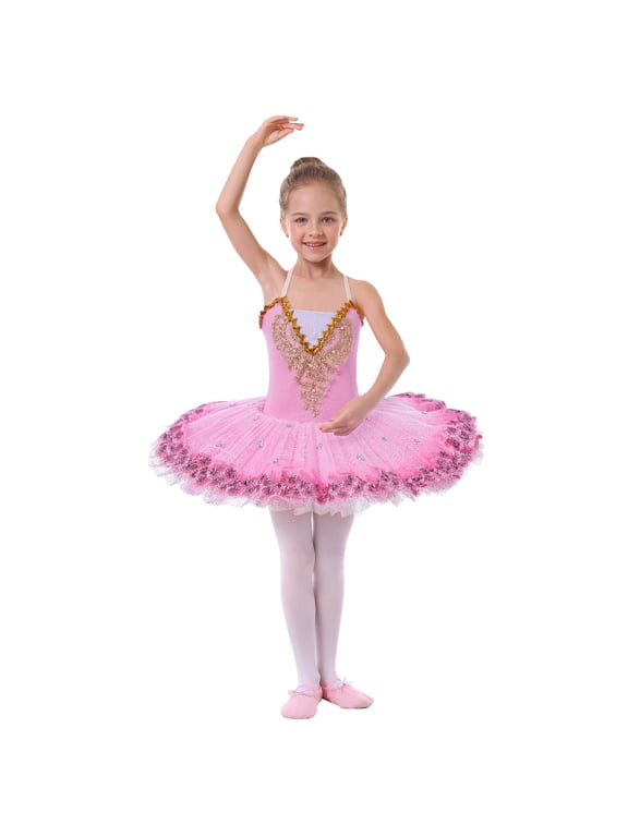 Girls Ballet Leotards with Platter Tutu Professional Hard Organdy Camisole Skirt Dancewear 5-6 Years Pink