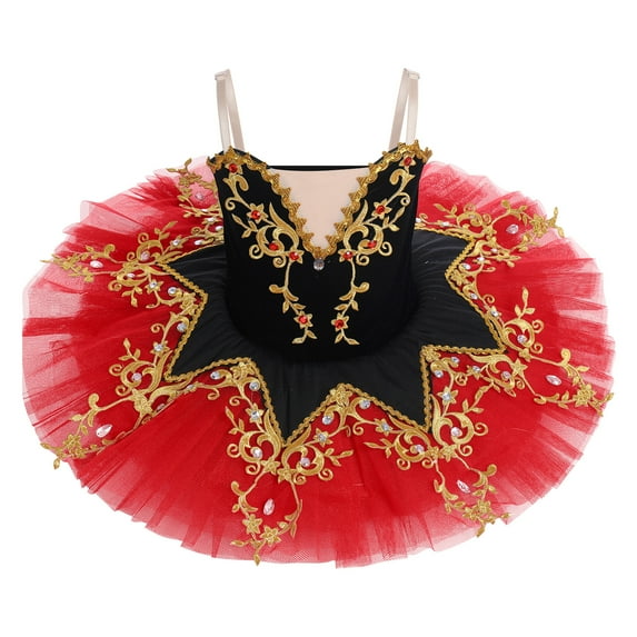 IBTOM CASTLE Girls Ballet Leotards with Platter Tutu Professional Hard Organdy Camisole Skirt Dancewear 7-8 Years Red + Black