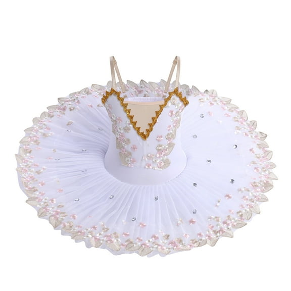 IBTOM CASTLE Girls Ballet Leotards with Platter Tutu Professional Hard Organdy Camisole Skirt Dancewear 7-8 Years White Flower
