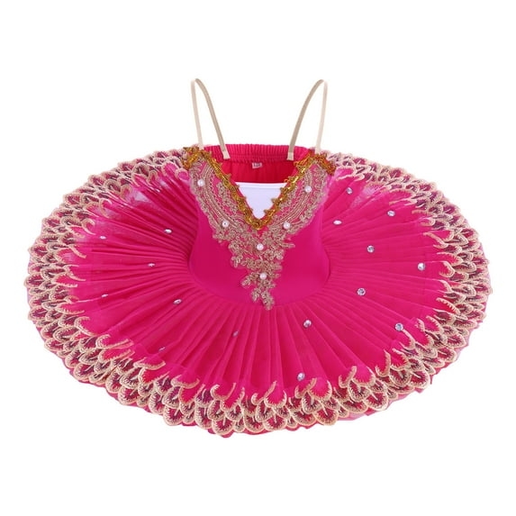 IBTOM CASTLE Girls Ballet Leotards with Platter Tutu Professional Hard Organdy Camisole Skirt Dancewear 9-10 Years Hot Pink