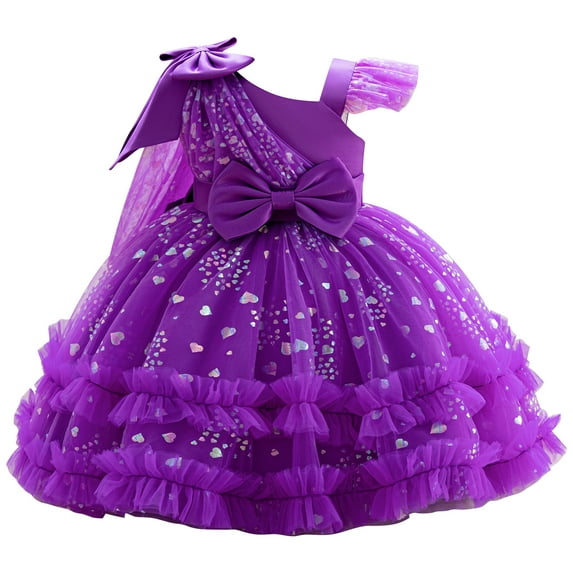IBTOM CASTLE Girls Birthday Party Dress Heart Glitters Tulle Princess Dress Toddler Flower Girl Wedding Prom Pageant Gown 1-2 Years Purple