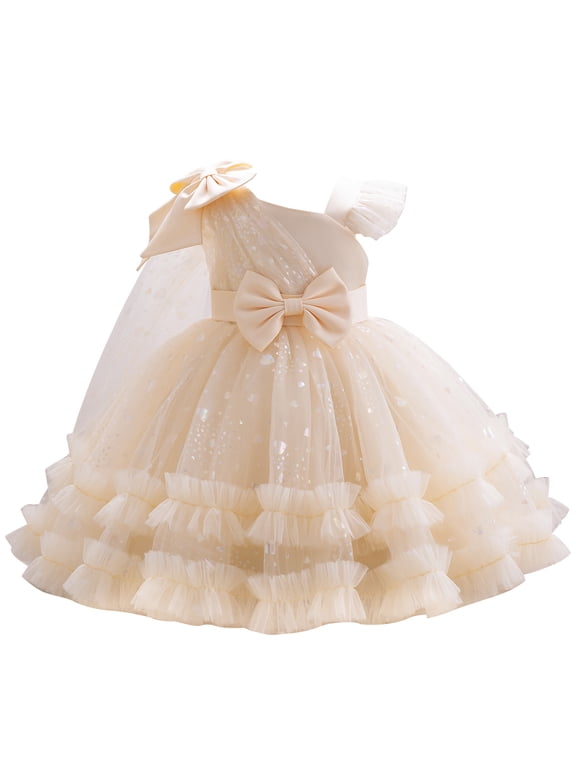 Girls Birthday Party Dress Heart Glitters Tulle Princess Dress Toddler Flower Girl Wedding Prom Pageant Gown 5-6 Years Champagne