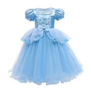 IBTOM CASTLE Girls Cinderella Princess Fancy Dress up Fairy Tale Halloween Carnival Cosplay Flower Ruffle Tulle Tutu Birthday Party Dress for Photo Shoot 3-4 Years Blue
