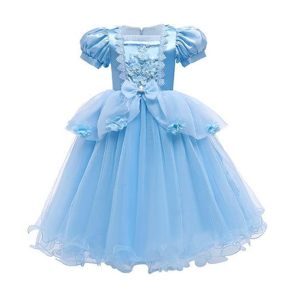 IBTOM CASTLE Girls Cinderella Princess Fancy Dress up Fairy Tale Halloween Carnival Cosplay Flower Ruffle Tulle Tutu Birthday Party Dress for Photo Shoot 6-7 Years Blue