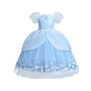 IBTOM CASTLE Girls Cinderella Princess Fancy Dress up Fairy Tale Halloween Carnival Cosplay Dress Flower Ruffle Tulle Tutu Birthday Party Outfit for Child 4-5 Years Cinderella Blue