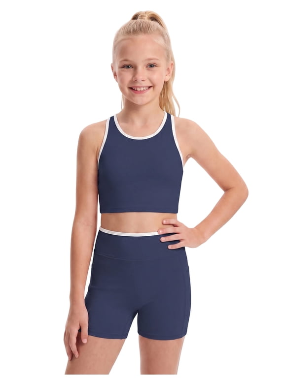 Girls Colorblock Workout Athletic Set | Racerback crop tank top and high waisted biker shorts, soft stretchy activewear sets for workout, cheer practice gymnastics Blue
