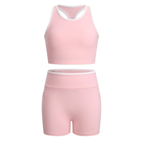 IBTOM CASTLE Girls Colorblock Workout Athletic Set | Racerback crop tank top and high waisted biker shorts, soft stretchy activewear sets for workout, cheer practice gymnastics 7-8 Years Pink